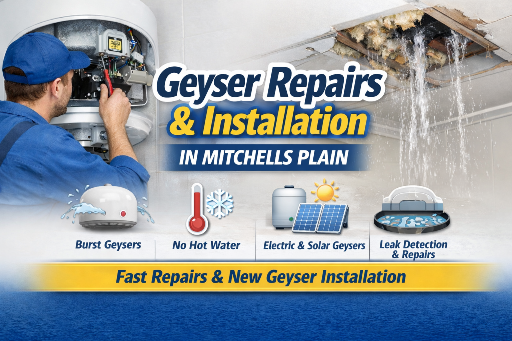Geyser repairs and installation in Mitchells Plain showing a professional plumber fixing a burst hot water geyser